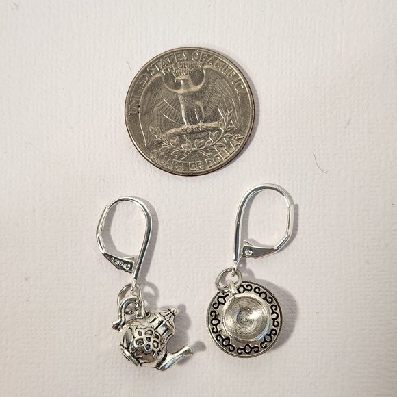 VTG 925 Teapot and Cup & Saucer Dangle Zircon Leverback Earrings - Picture 10 of 14